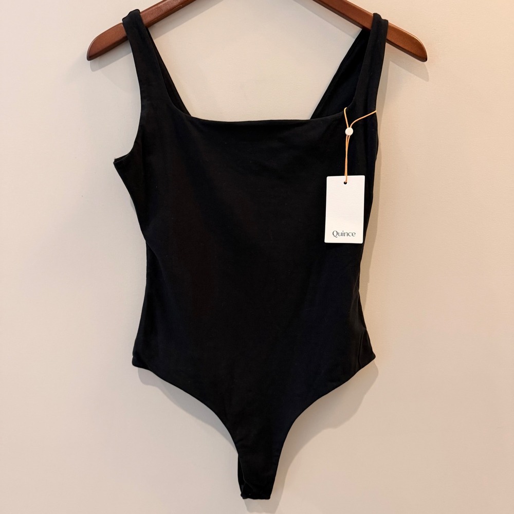 Quince Bodysuit Square Neck Organic Cotton Stretch Date Vacation Black Small NWT